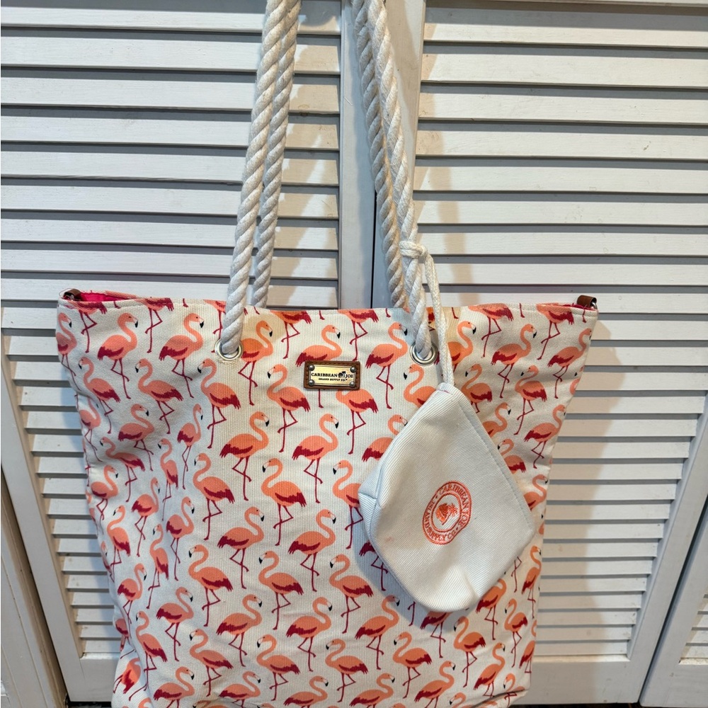 Caribbean Joe Flamingo Print Tote Bag Rope Handles Matching Pouch Pink White